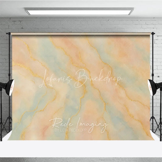 Lofaris Pastel Peach and Blue Abstract Watercolor Photography Backdrop Elegant Gold Veins Artistic Studio Prop