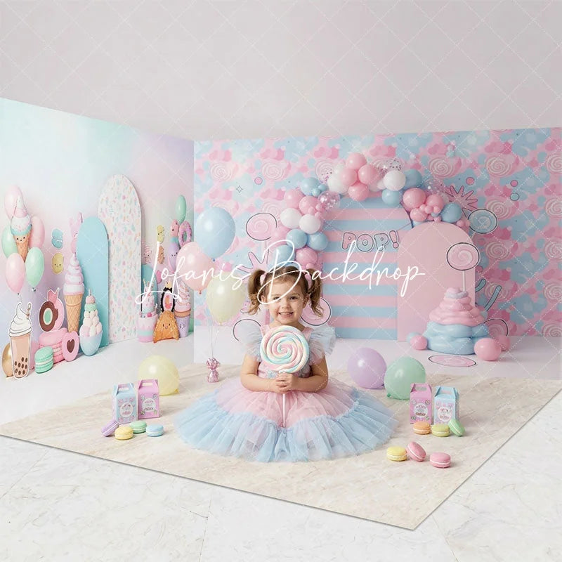 Lofaris Pastel Pink and Blue Candy Land Sweet Shop Room Set Backdrop Ice Cream Donut Balloon Arch Birthday Party Decor