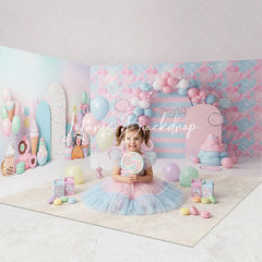 Lofaris Pastel Pink and Blue Candy Land Sweet Shop Room Set Backdrop Ice Cream Donut Balloon Arch Birthday Party Decor
