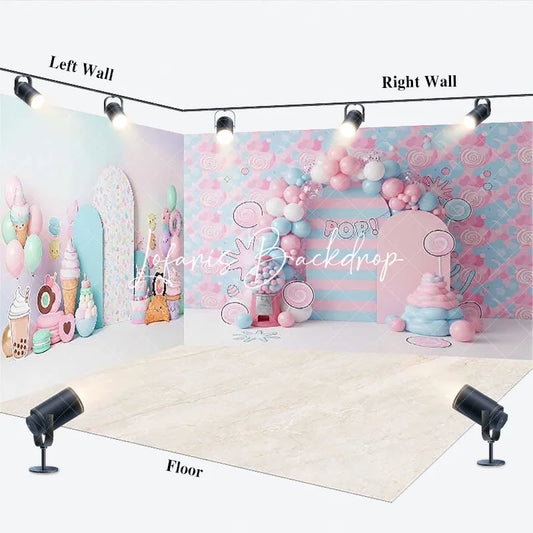 Lofaris Pastel Pink and Blue Candy Land Sweet Shop Room Set Backdrop Ice Cream Donut Balloon Arch Birthday Party Decor