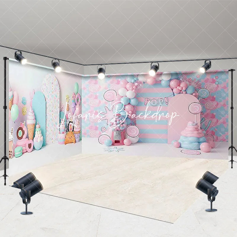 Lofaris Pastel Pink and Blue Candy Land Sweet Shop Room Set Backdrop Ice Cream Donut Balloon Arch Birthday Party Decor