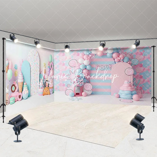 Lofaris Pastel Pink and Blue Candy Land Sweet Shop Room Set Backdrop Ice Cream Donut Balloon Arch Birthday Party Decor