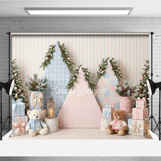 Lofaris Pastel Pink and Blue Plaid Holiday Backdrop with Snowy Christmas Trees Gifts Teddy Bears Winter Photoshoot Decor