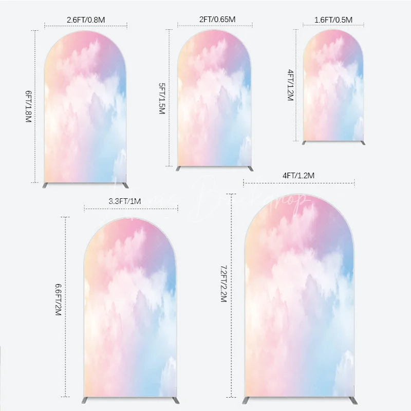 Lofaris Pastel Pink Blue Yellow Gradient Sky with Clouds Round Top Arch Backdrop Dreamy Photo Background Decor