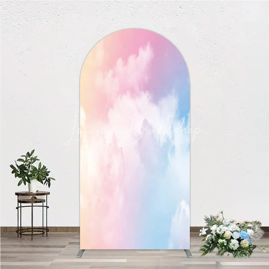Lofaris Pastel Pink Blue Yellow Gradient Sky with Clouds Round Top Arch Backdrop Dreamy Photo Background Decor