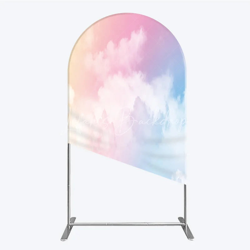 Lofaris Pastel Pink Blue Yellow Gradient Sky with Clouds Round Top Arch Backdrop Dreamy Photo Background Decor