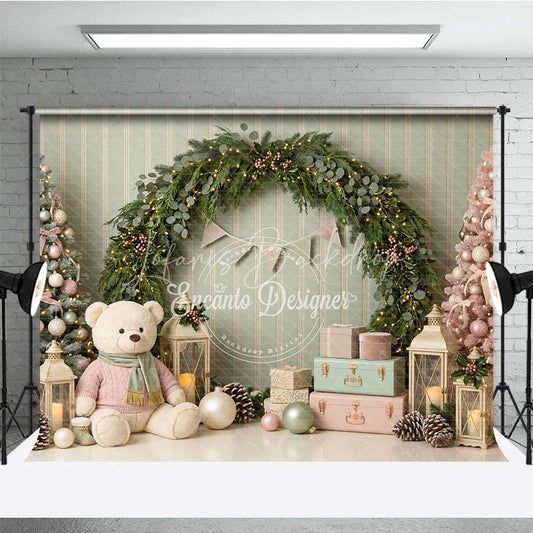 Lofaris Pastel Pink Green Christmas Trees Holiday Backdrop Festive Garland with Teddy Bear and Gifts Winter Wonderland Decor