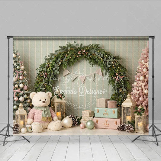 Lofaris Pastel Pink Green Christmas Trees Holiday Backdrop Festive Garland with Teddy Bear and Gifts Winter Wonderland Decor