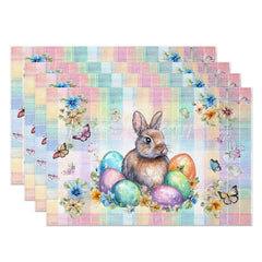 Lofaris Pastel Plaid Easter Bunny Set of 4 Placemats Colorful Egg Butterfly Rabbit Table Mats for Party