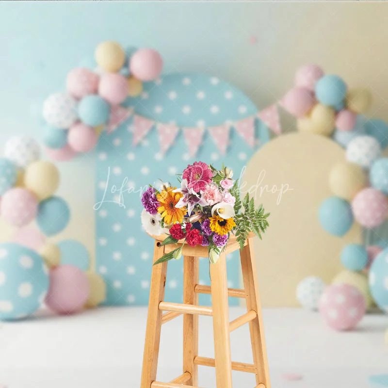 Lofaris Pastel Polka Dot and Balloon Arch Backdrop Colorful Circles Bunting for Toddler Birthday Cake Smash