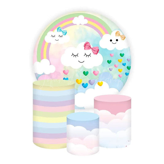 Lofaris Pastel Rainbow and Clouds Birthday Round Backdrop Kit Cute Eyelashes Hearts Girls Party Photo Prop Decor