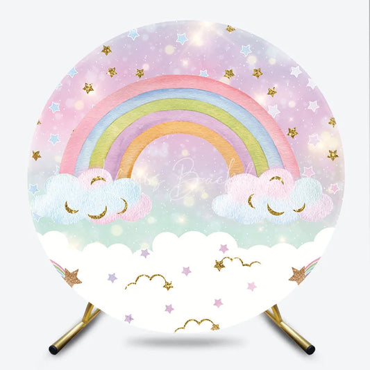 Lofaris Pastel Rainbow and Glitter Stars Round Backdrop Dreamy Sky with Fluffy Clouds for Kids Birthday Party