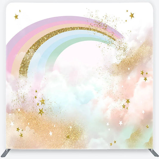 Lofaris Pastel Rainbow and Gold Glitter Stars Backdrop Magical Clouds Birthday Party Decor Tension Fabric