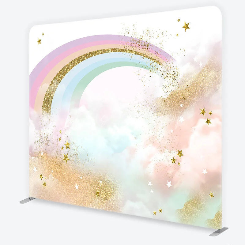 Lofaris Pastel Rainbow and Gold Glitter Stars Backdrop Magical Clouds Birthday Party Decor Tension Fabric