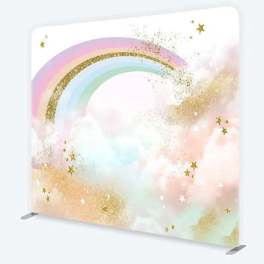 Lofaris Pastel Rainbow and Gold Glitter Stars Backdrop Magical Clouds Birthday Party Decor Tension Fabric