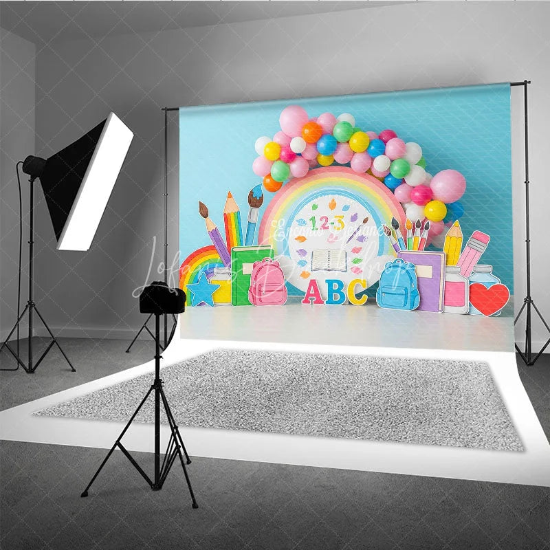 Lofaris Pastel Rainbow Back To School Backdrop Supplies Balloon Arch Background Preschool Photography Banner