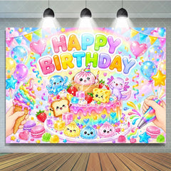 Lofaris Pastel Rainbow Happy Birthday Cake and Cute Characters Backdrop Whimsical Balloons Party Decor