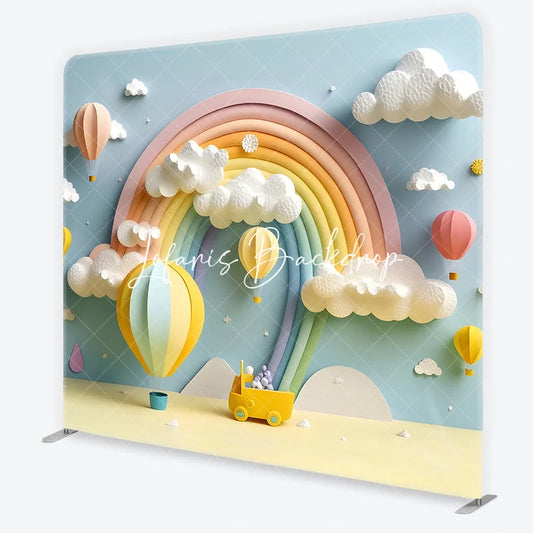 Lofaris Pastel Rainbow Hot Air Balloon and Fluffy Clouds Square Double-Sided Backdrop Dreamy Baby Shower Birthday Decor