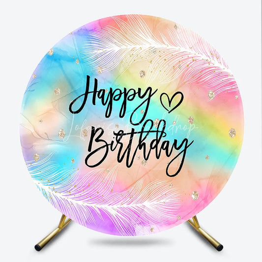 Lofaris Pastel Rainbow Watercolor Happy Birthday Round Backdrop with Feathers and Gold Glitter Dreamy Party Decor