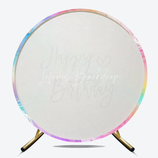 Lofaris Pastel Rainbow Watercolor Happy Birthday Round Backdrop with Feathers and Gold Glitter Dreamy Party Decor