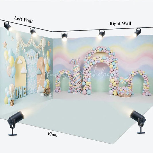 Lofaris Pastel Rainbow Waves and Bunny Room Set Backdrop First Birthday ONE Sign Hot Air Balloons