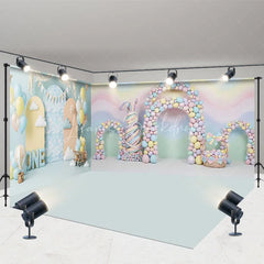 Lofaris Pastel Rainbow Waves and Bunny Room Set Backdrop First Birthday ONE Sign Hot Air Balloons