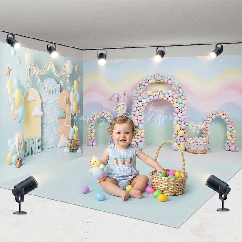Lofaris Pastel Rainbow Waves and Bunny Room Set Backdrop First Birthday ONE Sign Hot Air Balloons