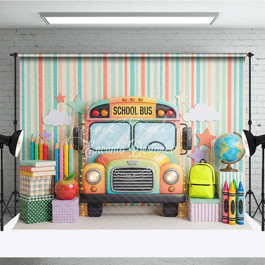 Lofaris Pastel School Bus Photography Backdrop with Colorful Pencils Books and Globe for Kids Back to Party Decor