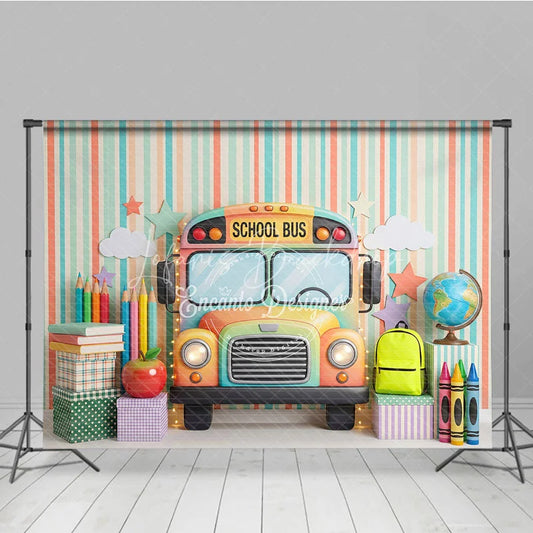 Lofaris Pastel School Bus Photography Backdrop with Colorful Pencils Books and Globe for Kids Back to Party Decor
