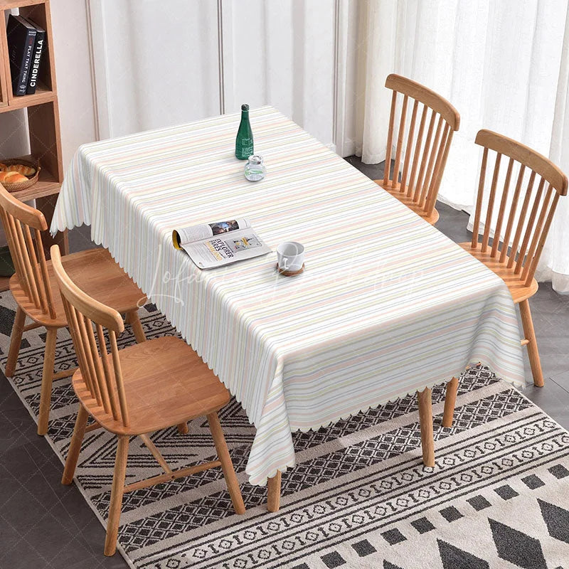 Lofaris Pastel Stripe Rectangle Tablecloth Simple Pink Grey and Beige Thin Stripes Modern Minimalist Kitchen Decor