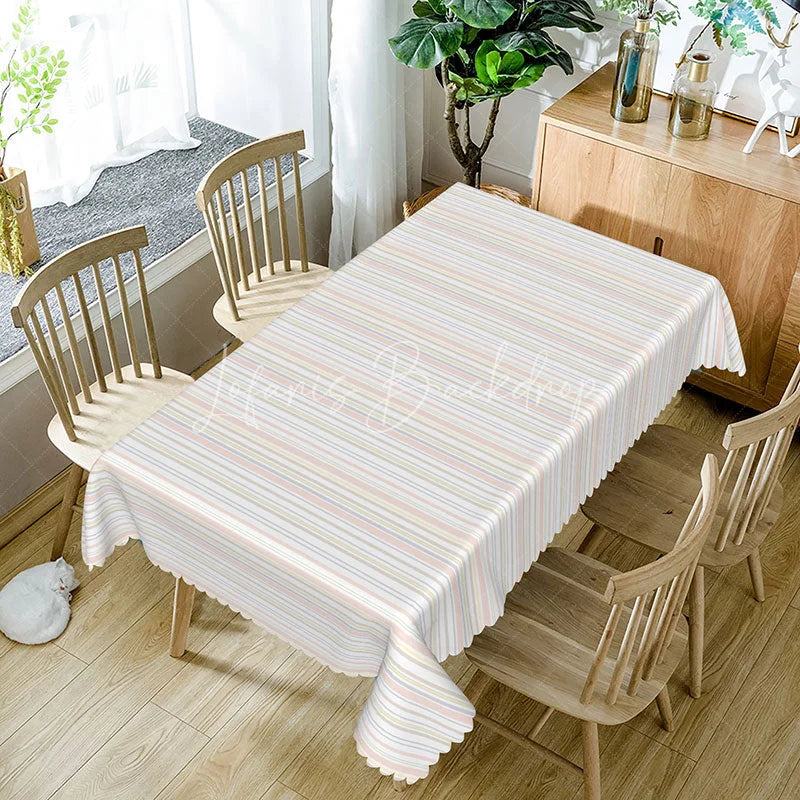 Lofaris Pastel Stripe Rectangle Tablecloth Simple Pink Grey and Beige Thin Stripes Modern Minimalist Kitchen Decor