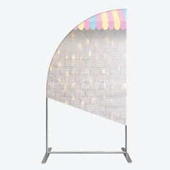Lofaris Pastel Striped Awning Half Moon Arch Backdrop White Brick Wall with Fairy Lights Sweet Shop Party Decor