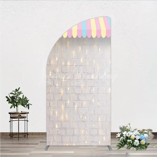 Lofaris Pastel Striped Awning Half Moon Arch Backdrop White Brick Wall with Fairy Lights Sweet Shop Party Decor