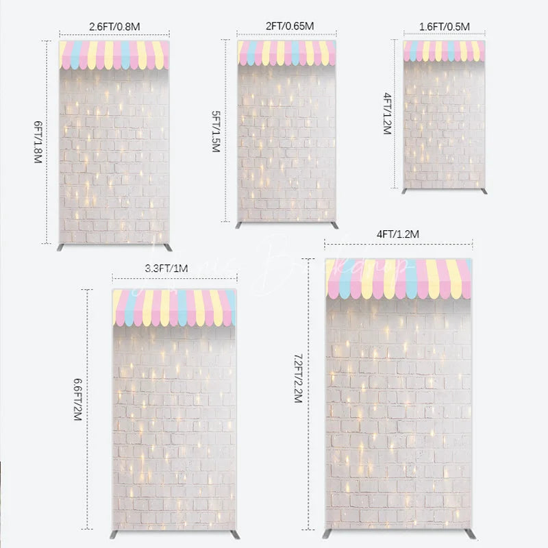 Lofaris Pastel Striped Awning Rectangle Arch Backdrop White Brick Wall with Fairy Lights for Baby Shower Party