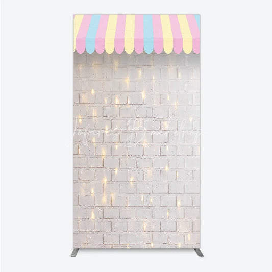 Lofaris Pastel Striped Awning Rectangle Arch Backdrop White Brick Wall with Fairy Lights for Baby Shower Party