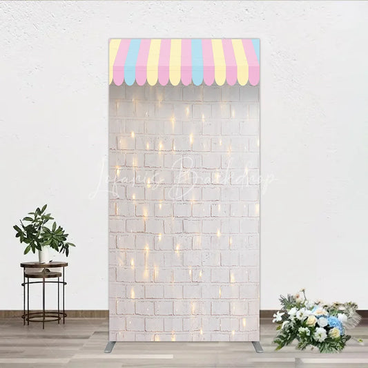 Lofaris Pastel Striped Awning Rectangle Arch Backdrop White Brick Wall with Fairy Lights for Baby Shower Party