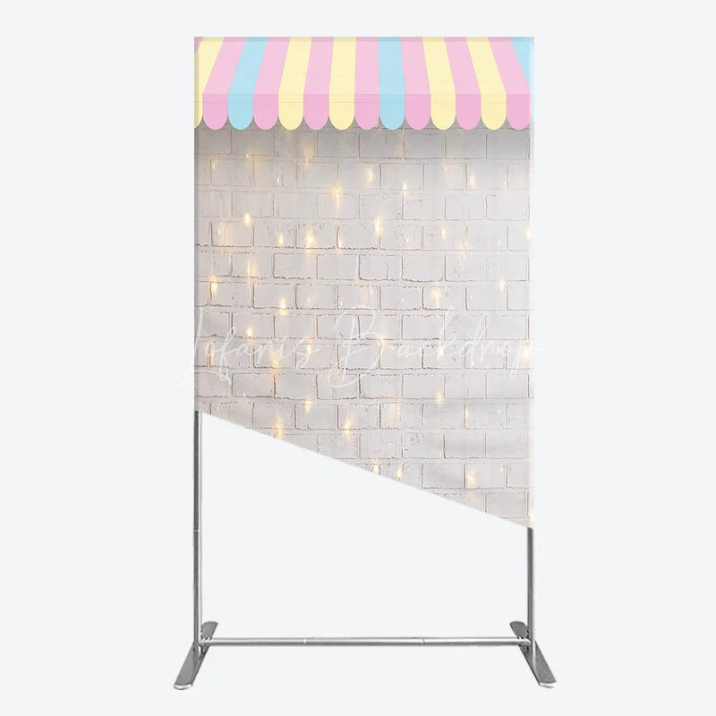 Lofaris Pastel Striped Awning Rectangle Arch Backdrop White Brick Wall with Fairy Lights for Baby Shower Party