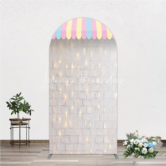 Lofaris Pastel Striped Awning White Brick Wall Round Top Arch Backdrop with String Lights Carnival Party Decor