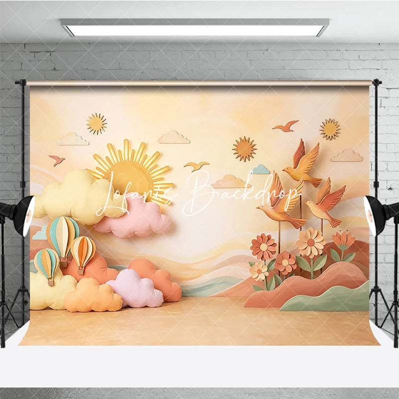 Lofaris Pastel Sun and Clouds Photography Backdrop Whimsical Hot Air Balloons Birds for Baby Shower Decor