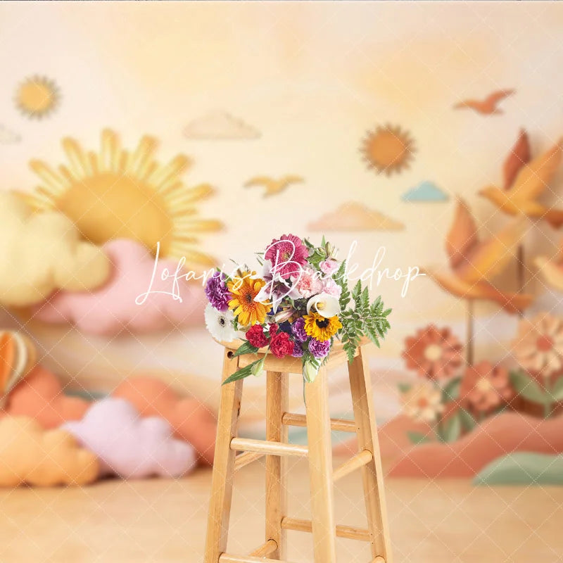 Lofaris Pastel Sun and Clouds Photography Backdrop Whimsical Hot Air Balloons Birds for Baby Shower Decor