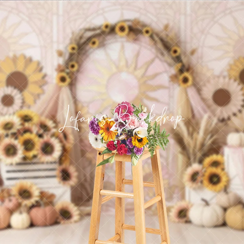 Lofaris Pastel Sunflower Stained Glass Sun Arch Photography Backdrop Rustic Autumn Fall Harvest Party Decor