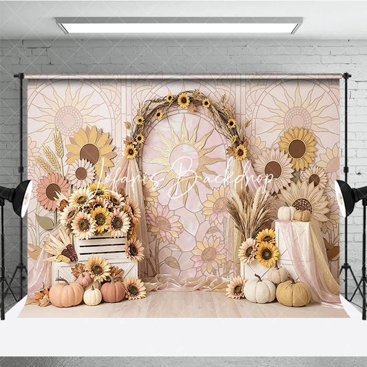 Lofaris Pastel Sunflower Stained Glass Sun Arch Photography Backdrop Rustic Autumn Fall Harvest Party Decor