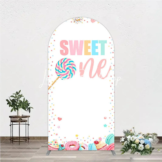Lofaris Pastel Sweet One Lollipop Macaron Donut Cupcake Round Top Arch Backdrop First Birthday Party Decor