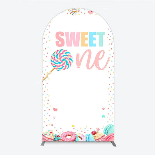 Lofaris Pastel Sweet One Lollipop Macaron Donut Cupcake Round Top Arch Backdrop First Birthday Party Decor