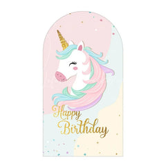Lofaris Pastel Unicorn Happy Birthday Arch Backdrop Cute Gold Horn Floral Eyelash Girls Princess Party Decoration