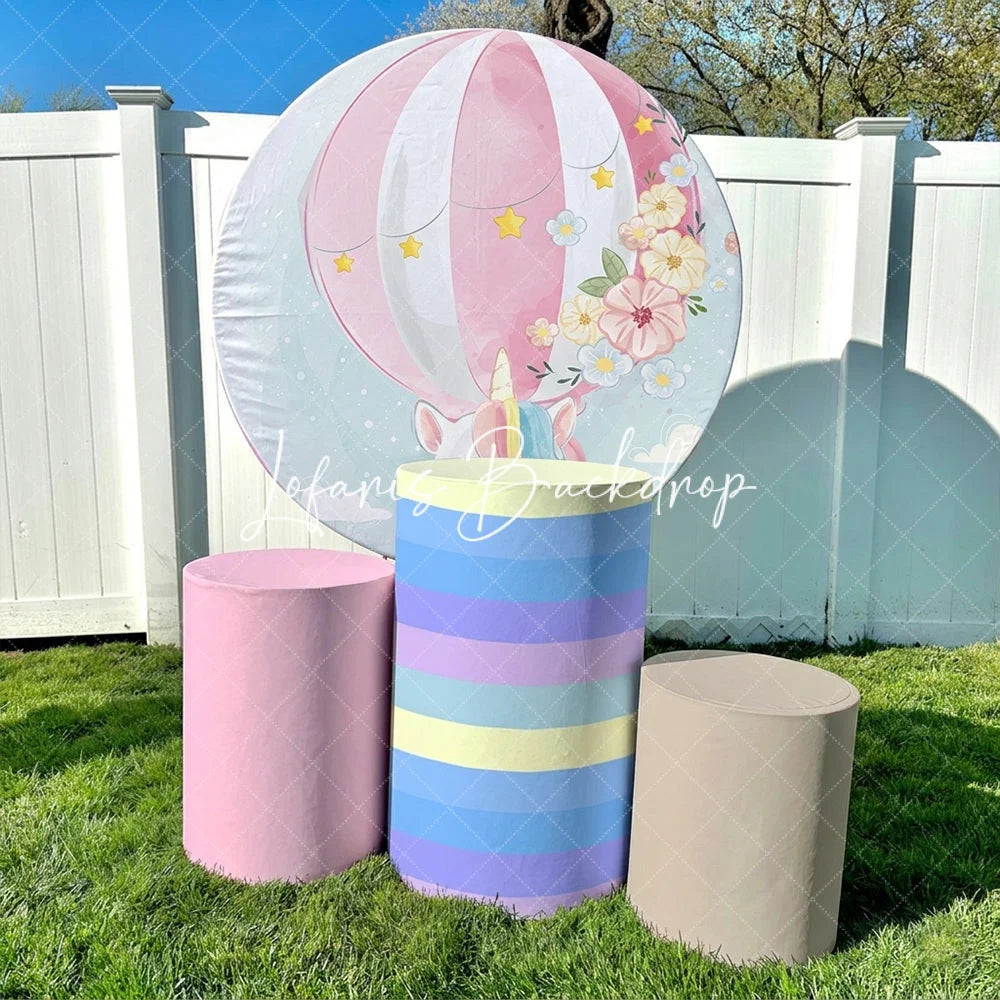 Lofaris Pastel Unicorn Hot Air Balloon Round Backdrop Kit with Flowers and Stars Dreamy Baby Shower Party Decor