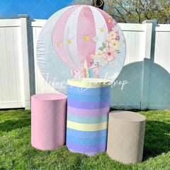 Lofaris Pastel Unicorn Hot Air Balloon Round Backdrop Kit with Flowers and Stars Dreamy Baby Shower Party Decor
