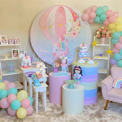 Lofaris Pastel Unicorn Hot Air Balloon Round Backdrop Kit with Flowers and Stars Dreamy Baby Shower Party Decor