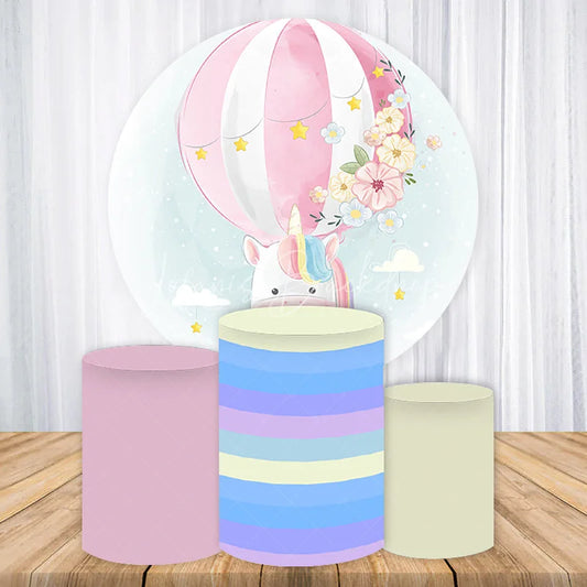 Lofaris Pastel Unicorn Hot Air Balloon Round Backdrop Kit with Flowers and Stars Dreamy Baby Shower Party Decor