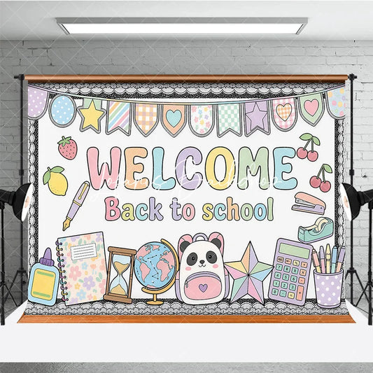 Lofaris Pastel Welcome Back to School Holiday Backdrop with Cute Panda Backpack Globe and Classroom Supplies Decor
